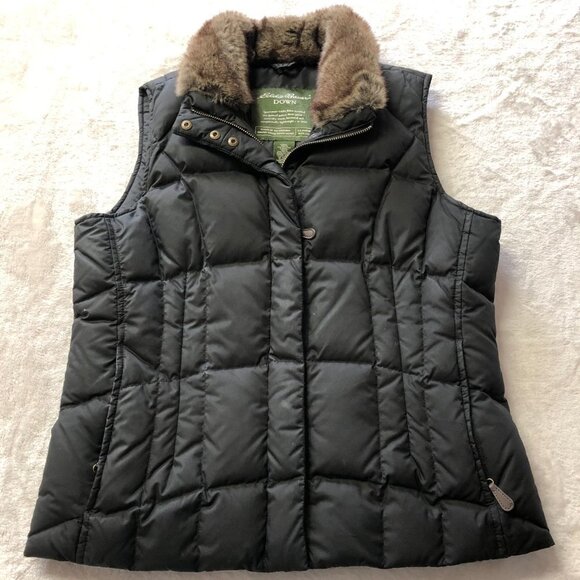 EDDIE Bauer Quilted Goose Down Vest With Fur Collar Size Medium - Picture 4 of 12